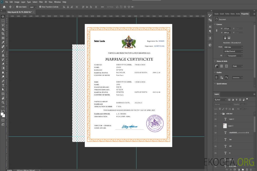 Modèle Word et PDF d'acte de mariage à Sainte-Lucie template